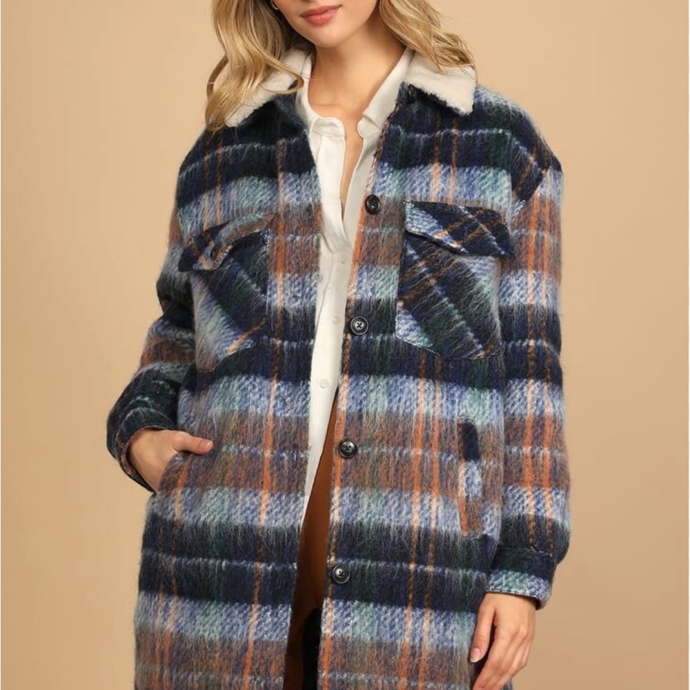 Blank NYC Plain Sailing Blue Multi Plaid Brushed Long Shacket